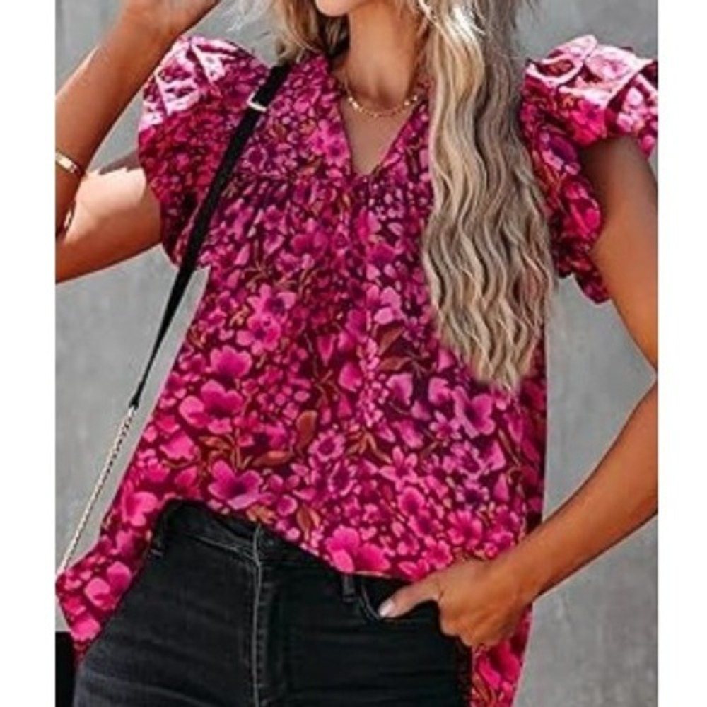 T202. Floral Ruffle Flutter Sleeve Blouse